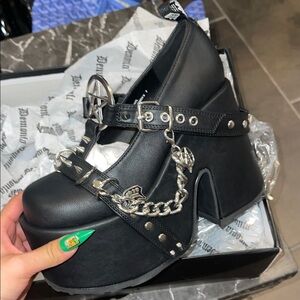 Demonia Black Platform Shoes with Silver Accents
